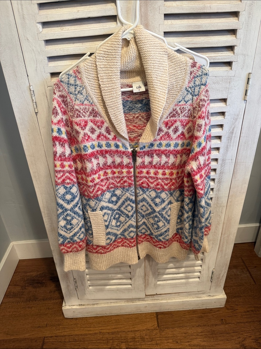 CAbi Multicolor Fair Isle Shawl-Collar Zip Cardigan - Cream, Pink, Blue